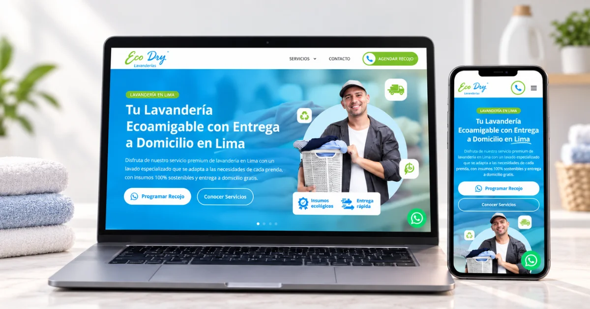 Página web de EcoDry Lavanderías mostrada en laptop y móvil