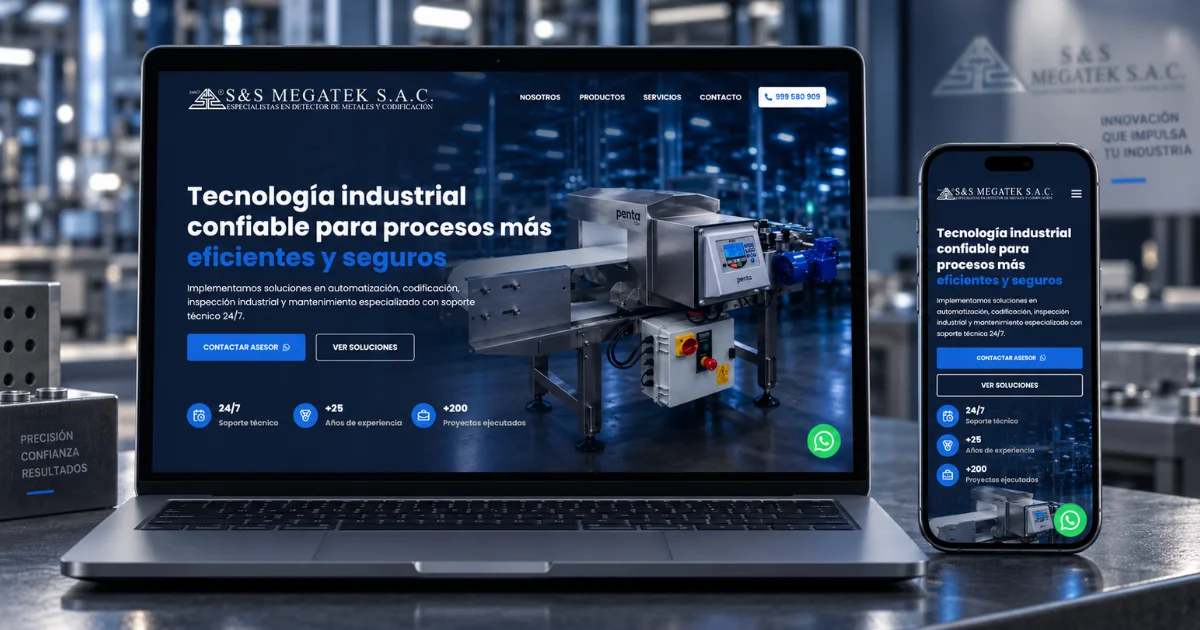 Página web de Megatek mostrada en laptop y móvil