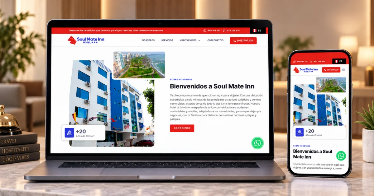 Página web de Soul Mate Inn mostrada en laptop y móvil