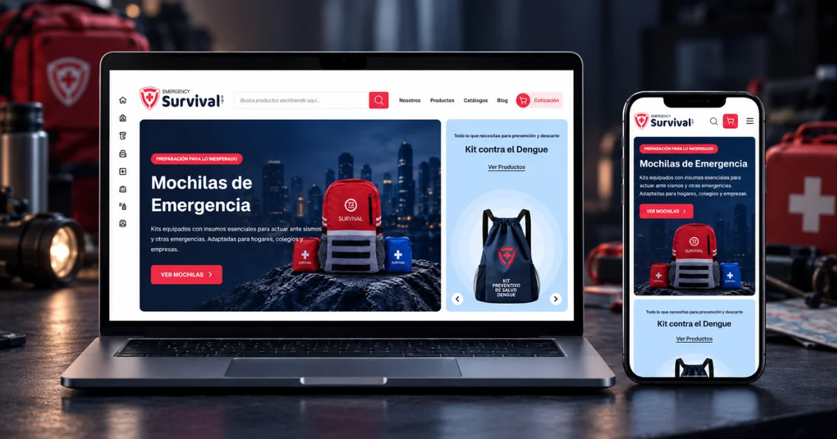 Página web de Emergency Survival mostrada en laptop y móvil